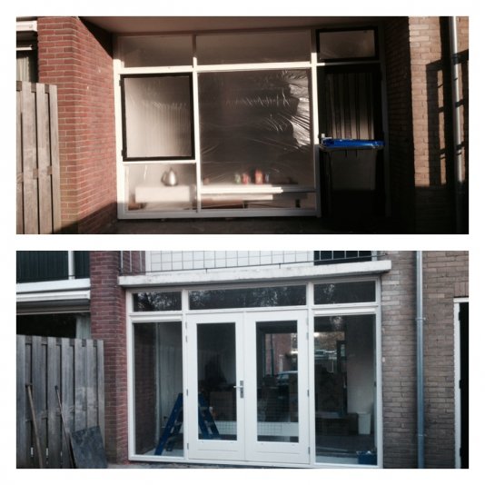 Nieuwe hardhouten pui met HR++ veiligheidsisolatieglas  geleverd en geplaatst te Loenersloot.