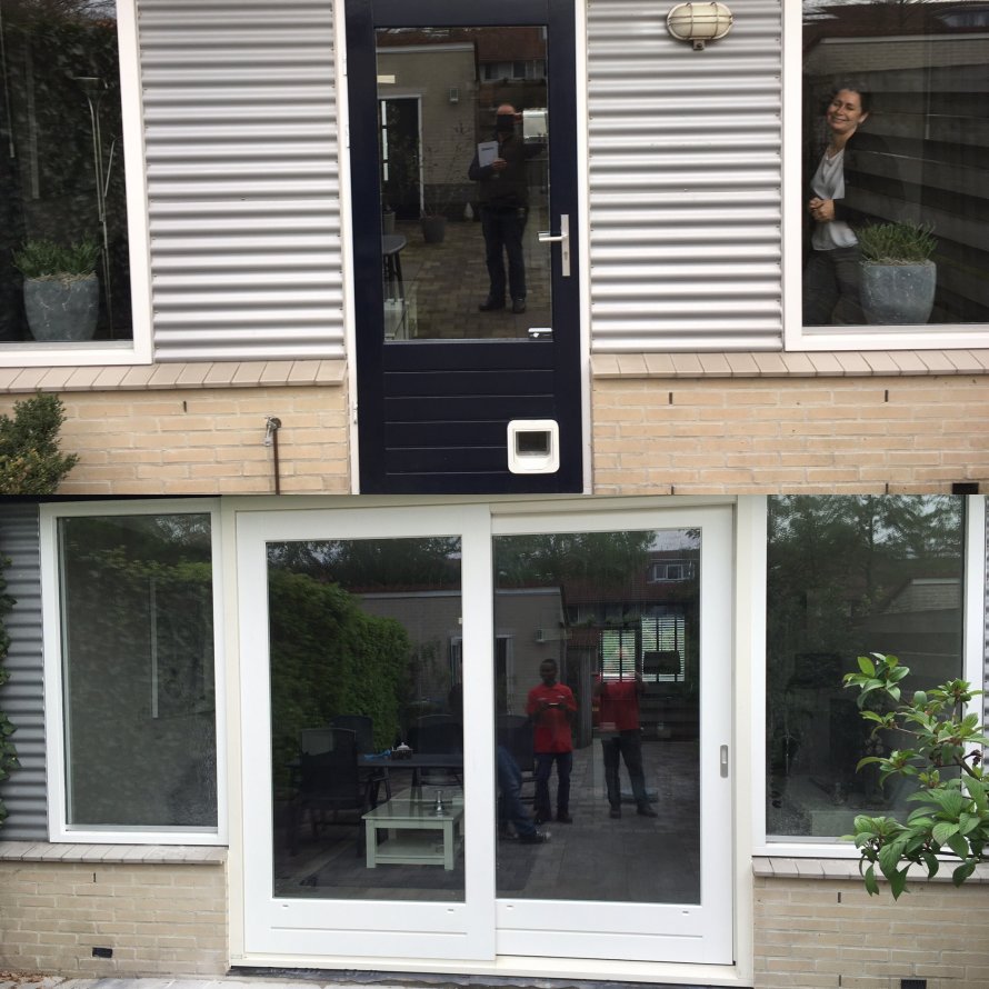 Hardhouten schuifpui geleverd en geplaatst aan de De Staetekamer 23 te Amersfoort.